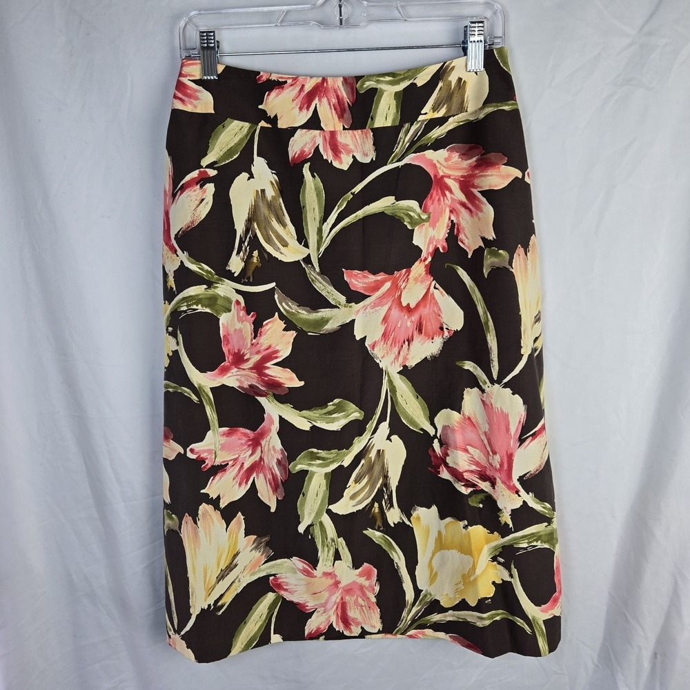 Vintage Talbots Silk Blend Skirt Womens 8 Brown Floral Watercolor Office Fairy - Picture 3 of 6